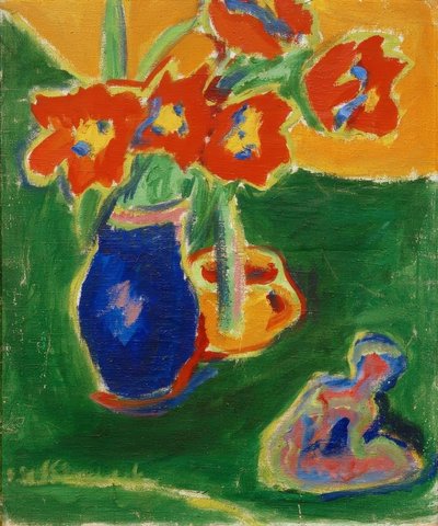 Red Tulips in Blue Vase with Sculpture by Ernst Ludwig Kirchner